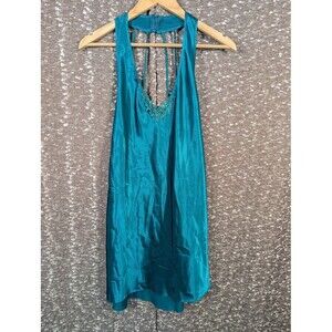 Vintage Dentelle Turquoise Embroidered Short Slip‎ Strappy Back Women's Medium